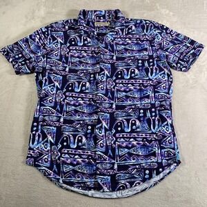 Roosevelts Shirt Mens Large Purple Blue Bamboo Cotton Hawaiian Fish Print RSVLTS